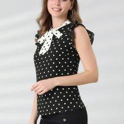 Allegra K Women's Dots Printed Tie Neck Contrast Color Office Work Blouse Top