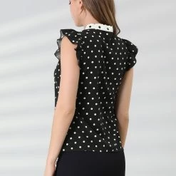 Allegra K Women's Dots Printed Tie Neck Contrast Color Office Work Blouse Top