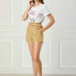 Allegra K Women's Bow Tie High Waist Casual Paper Bag Shorts