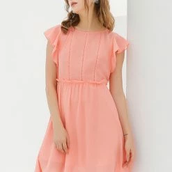 Allegra K Women's Elegant Ruffled Waist Round Neck Flutter Sleeve Mini Dress