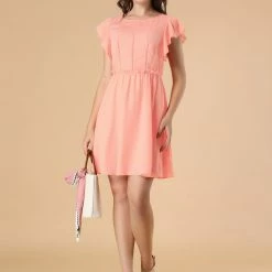 Allegra K Women's Elegant Ruffled Waist Round Neck Flutter Sleeve Mini Dress