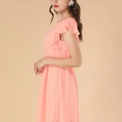 Allegra K Women's Elegant Ruffled Waist Round Neck Flutter Sleeve Mini Dress