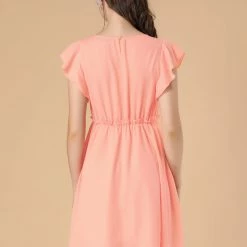 Allegra K Women's Elegant Ruffled Waist Round Neck Flutter Sleeve Mini Dress