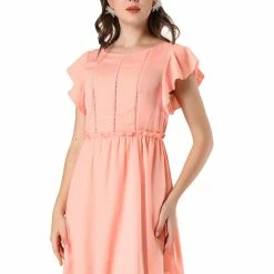 Allegra K Women's Elegant Ruffled Waist Round Neck Flutter Sleeve Mini Dress