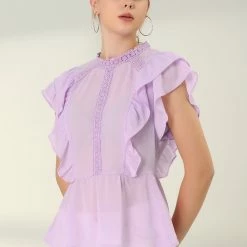 Allegra K Women's Short Sleeve Top Stand Collar Lace Inset Peplum Chiffon Blouse 11 Allegra K Women's Short Sleeve Top Stand Collar Lace Inset Peplum Chiffon Blouse