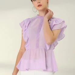 Allegra K Women's Short Sleeve Top Stand Collar Lace Inset Peplum Chiffon Blouse 12 Allegra K Women's Short Sleeve Top Stand Collar Lace Inset Peplum Chiffon Blouse