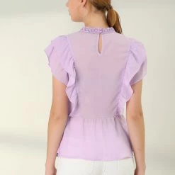 Allegra K Women's Short Sleeve Top Stand Collar Lace Inset Peplum Chiffon Blouse 14 Allegra K Women's Short Sleeve Top Stand Collar Lace Inset Peplum Chiffon Blouse