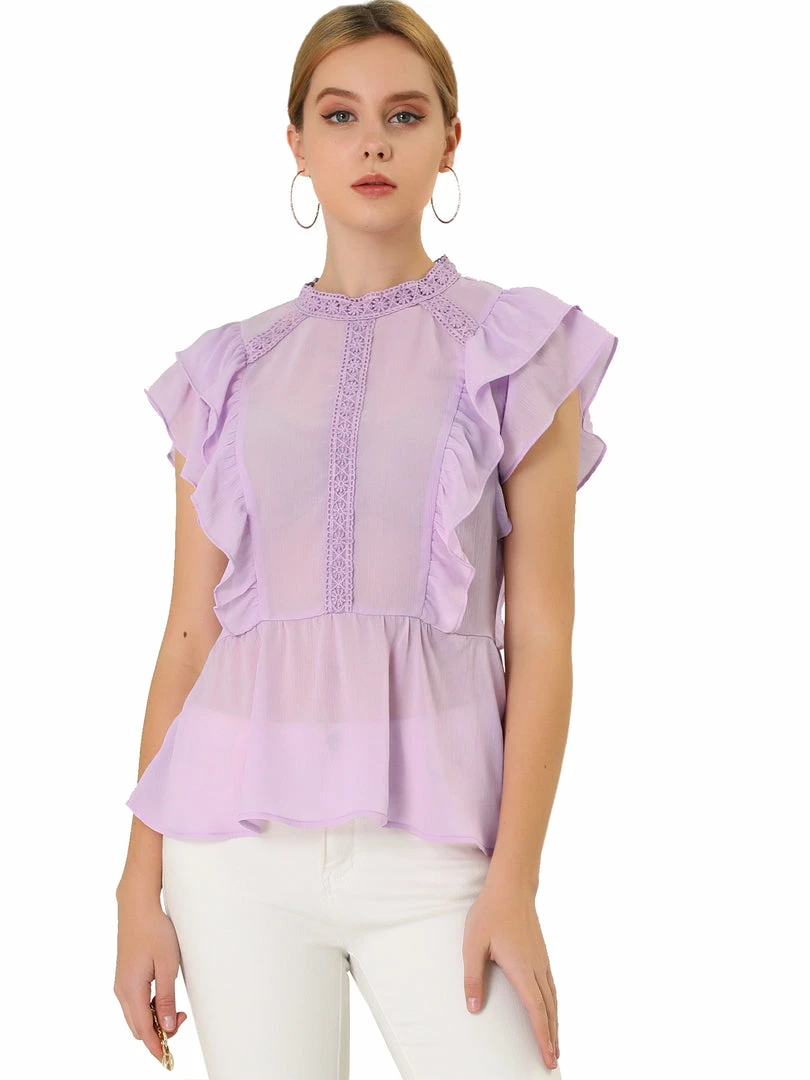 Allegra K Women's Short Sleeve Top Stand Collar Lace Inset Peplum Chiffon Blouse 4 Allegra K Women's Short Sleeve Top Stand Collar Lace Inset Peplum Chiffon Blouse