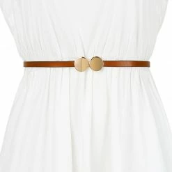 Allegra K Ladies Skinny Belts Round Golden Interlock Buckle Plus Size Belt For Dress Pants