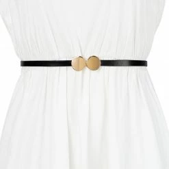 Allegra K Ladies Skinny Belts Round Golden Interlock Buckle Plus Size Belt For Dress Pants