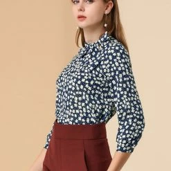 Allegra K Women's Tie Neck Long Sleeve Floral Blouse