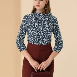 Allegra K Women's Tie Neck Long Sleeve Floral Blouse