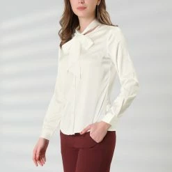 Allegra K Women's Work Button Up Long Sleeve Button Cuff Solid Bow Tie Neck Shirt