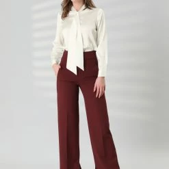 Allegra K Women's Work Button Up Long Sleeve Button Cuff Solid Bow Tie Neck Shirt