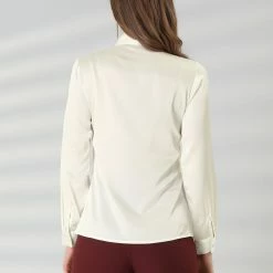 Allegra K Women's Work Button Up Long Sleeve Button Cuff Solid Bow Tie Neck Shirt