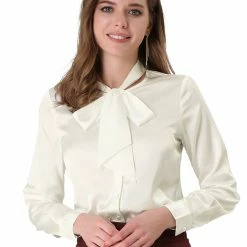 Allegra K Women's Work Button Up Long Sleeve Button Cuff Solid Bow Tie Neck Shirt
