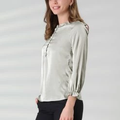 Allegra K Women's Ruffle Neck Bubble Sleeve Elastic Cuff Button Work Office Blouse