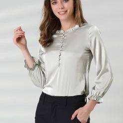 Allegra K Women's Ruffle Neck Bubble Sleeve Elastic Cuff Button Work Office Blouse