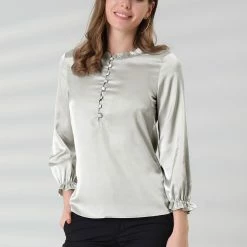 Allegra K Women's Ruffle Neck Bubble Sleeve Elastic Cuff Button Work Office Blouse