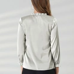 Allegra K Women's Ruffle Neck Bubble Sleeve Elastic Cuff Button Work Office Blouse