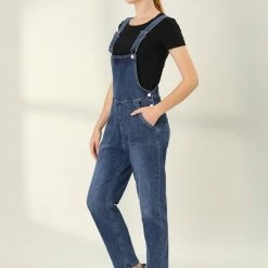 Allegra K Women's Jean Stretch Skinny Pant Casual Overalls Denim Suspender Jumpsuit
