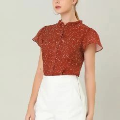 Women Allegra K Dot Print Ruffle Sleeve Button Up Top 47 Women Allegra K Dot Print Ruffle Sleeve Button Up Top
