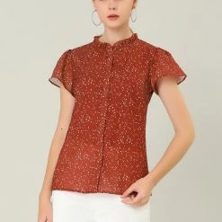 Women Allegra K Dot Print Ruffle Sleeve Button Up Top 48 Women Allegra K Dot Print Ruffle Sleeve Button Up Top