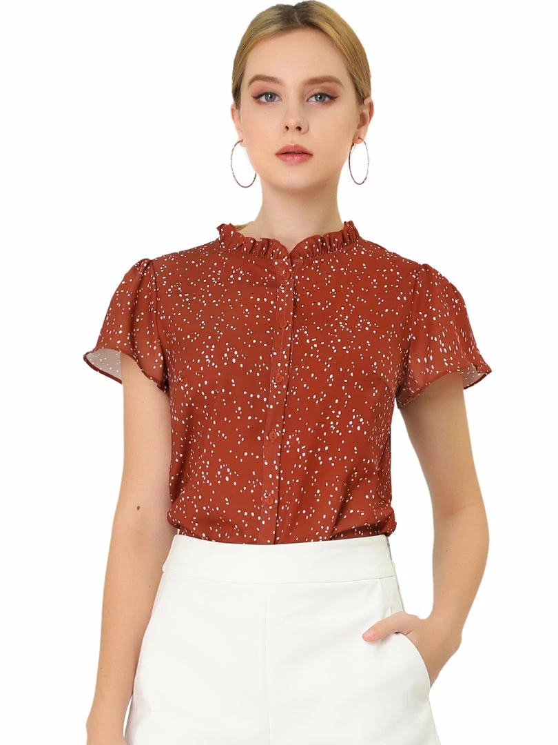 Women Allegra K Dot Print Ruffle Sleeve Button Up Top 4 Women Allegra K Dot Print Ruffle Sleeve Button Up Top