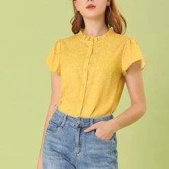 Women Allegra K Dot Print Ruffle Sleeve Button Up Top 53 Women Allegra K Dot Print Ruffle Sleeve Button Up Top