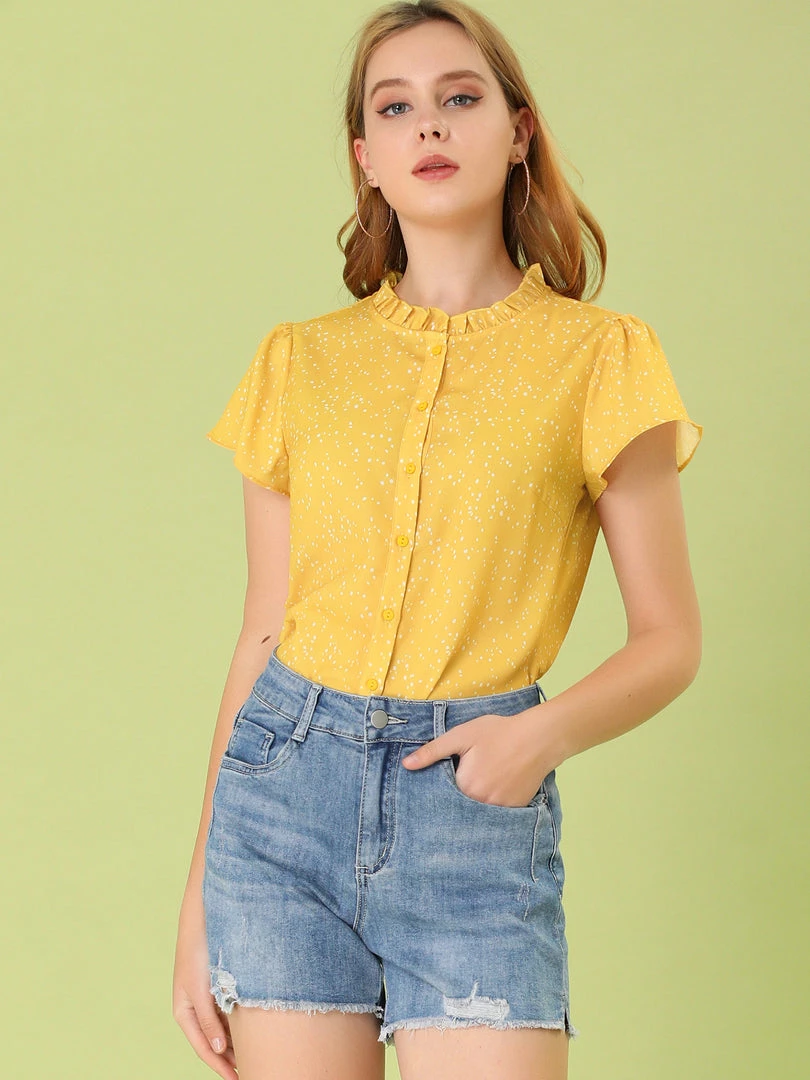 Women Allegra K Dot Print Ruffle Sleeve Button Up Top 11 Women Allegra K Dot Print Ruffle Sleeve Button Up Top