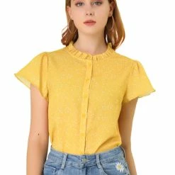 Women Allegra K Dot Print Ruffle Sleeve Button Up Top 52 Women Allegra K Dot Print Ruffle Sleeve Button Up Top