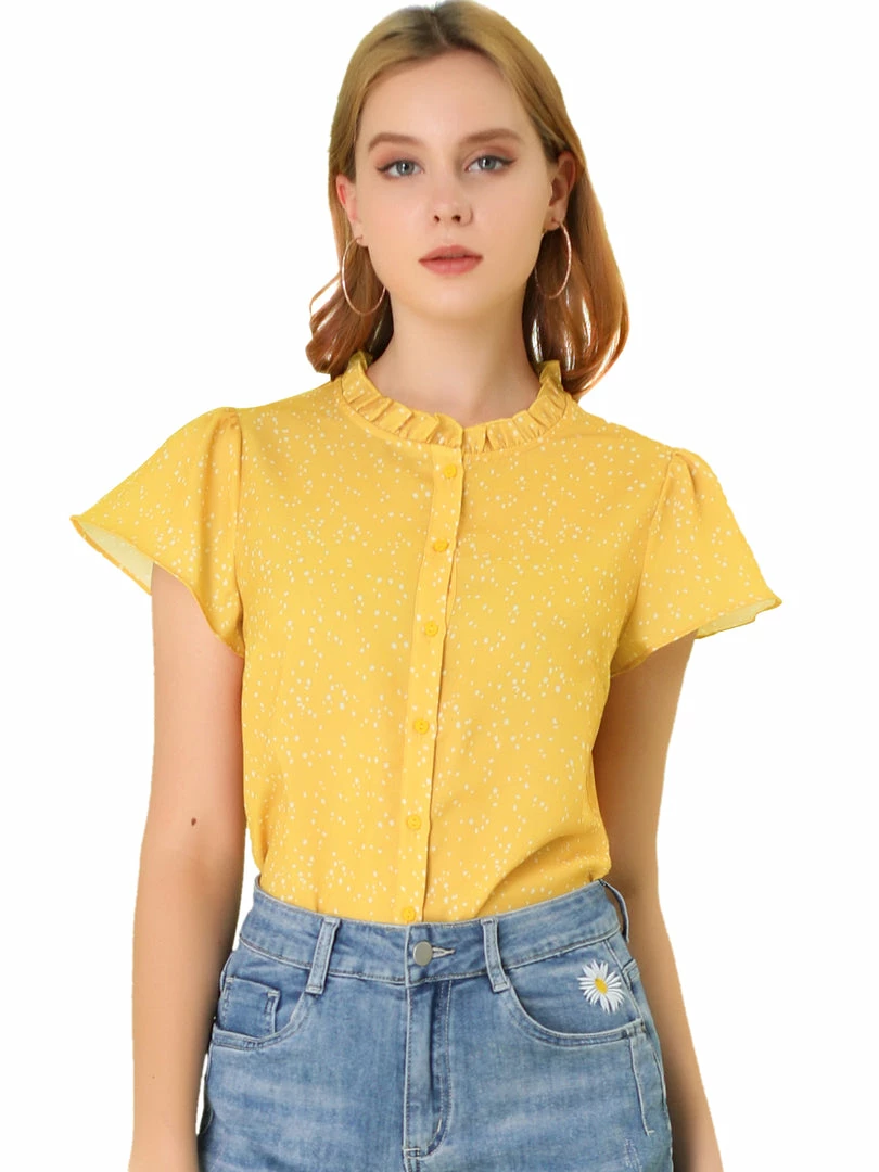Women Allegra K Dot Print Ruffle Sleeve Button Up Top 10 Women Allegra K Dot Print Ruffle Sleeve Button Up Top