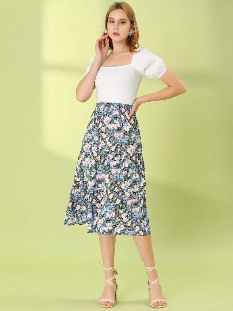Allegra K Women's Midi Skirts Elastic Waist Floral Tiered Skirt 5 Allegra K Women's Midi Skirts Elastic Waist Floral Tiered Skirt