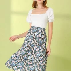 Allegra K Women's Midi Skirts Elastic Waist Floral Tiered Skirt 26 Allegra K Women's Midi Skirts Elastic Waist Floral Tiered Skirt