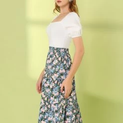 Allegra K Women's Midi Skirts Elastic Waist Floral Tiered Skirt 27 Allegra K Women's Midi Skirts Elastic Waist Floral Tiered Skirt