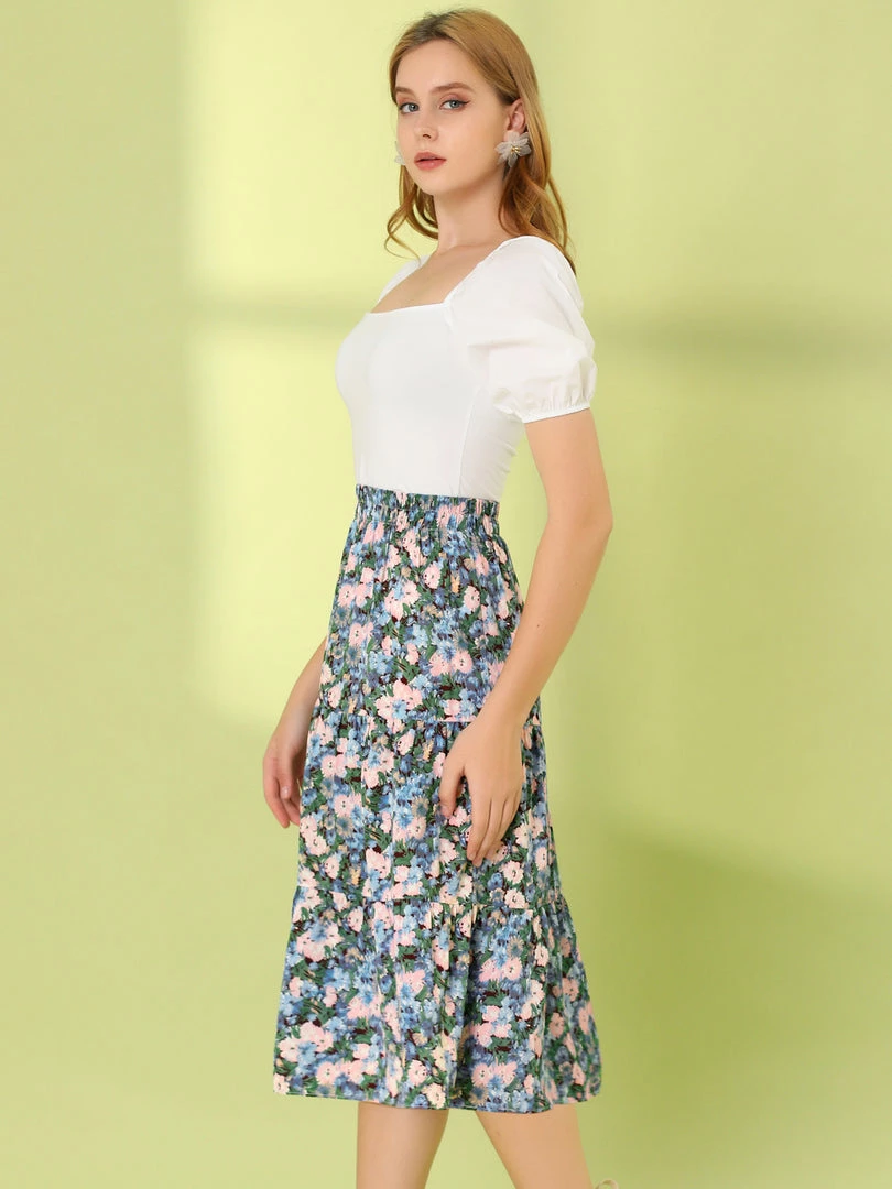 Allegra K Women's Midi Skirts Elastic Waist Floral Tiered Skirt 7 Allegra K Women's Midi Skirts Elastic Waist Floral Tiered Skirt