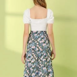 Allegra K Women's Midi Skirts Elastic Waist Floral Tiered Skirt 28 Allegra K Women's Midi Skirts Elastic Waist Floral Tiered Skirt