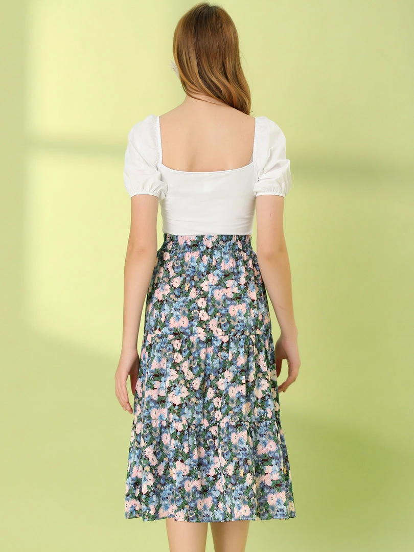 Allegra K Women's Midi Skirts Elastic Waist Floral Tiered Skirt 8 Allegra K Women's Midi Skirts Elastic Waist Floral Tiered Skirt