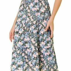 Allegra K Women's Midi Skirts Elastic Waist Floral Tiered Skirt