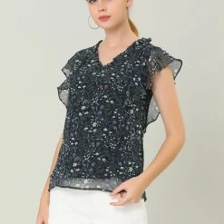 Allegra K Women's Ruffle Tops Casual V Neck Cap Sleeves Floral Blouse