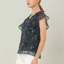 Allegra K Women's Ruffle Tops Casual V Neck Cap Sleeves Floral Blouse