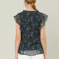 Allegra K Women's Ruffle Tops Casual V Neck Cap Sleeves Floral Blouse