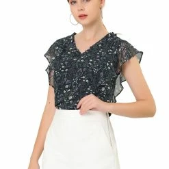 Allegra K Women's Ruffle Tops Casual V Neck Cap Sleeves Floral Blouse