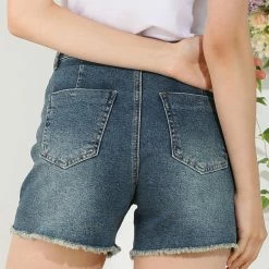 Allegra K Women's Frayed Raw Hem Casual Shorts With Pockets Denim Jean Shorts