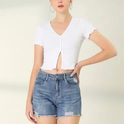 Allegra K Women's Denim Shorts Frade Frayed Hem Ripped Daisy Floral Summer Jeans