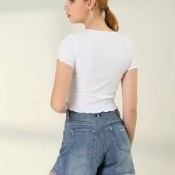 Allegra K Women's Denim Shorts Frade Frayed Hem Ripped Daisy Floral Summer Jeans