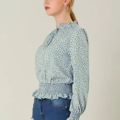 Allegra K Women's Smocked Puff Sleeve Ruffle Peplum Ditsy Floral Top Blouse