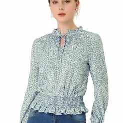 Allegra K Women's Smocked Puff Sleeve Ruffle Peplum Ditsy Floral Top Blouse