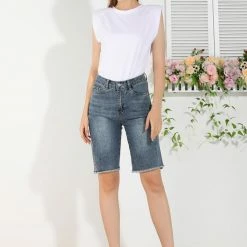 Allegra K Women's Stretchy Bermuda Short Jeans Washed Denim Pants 12 Allegra K Women's Stretchy Bermuda Short Jeans Washed Denim Pants