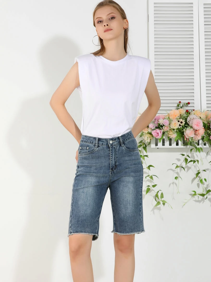 Allegra K Women's Stretchy Bermuda Short Jeans Washed Denim Pants 7 Allegra K Women's Stretchy Bermuda Short Jeans Washed Denim Pants